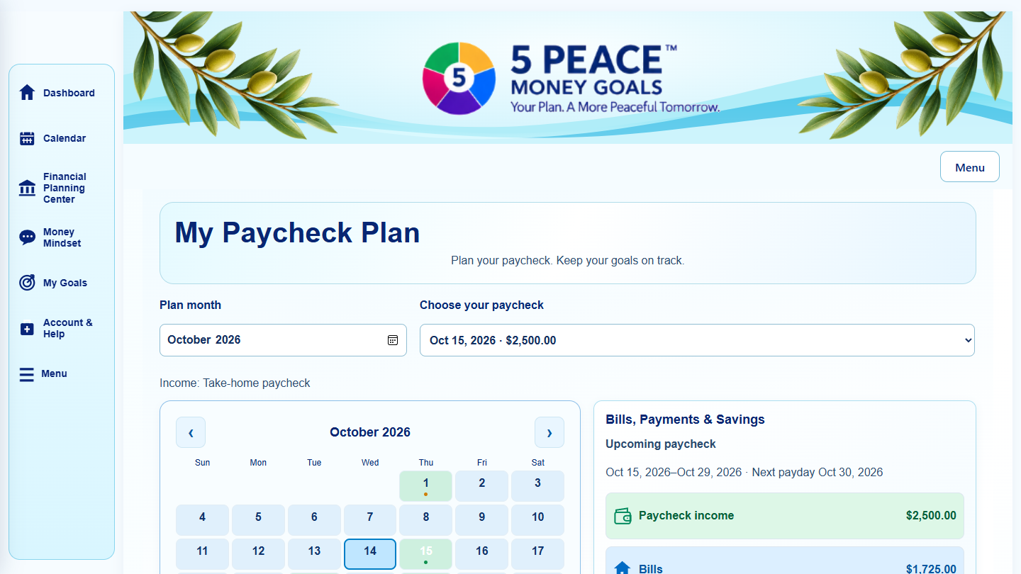 Fictional My Paycheck Plan screen with a scheduled paycheck and upcoming bills